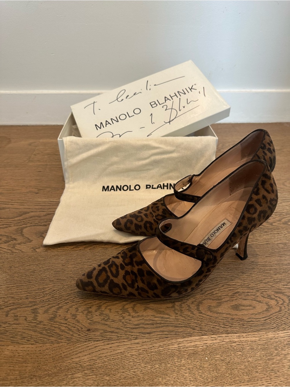 Manolo Blahnik Leopard Print Mary Jane Pumps - Brown and Black with Signed Box